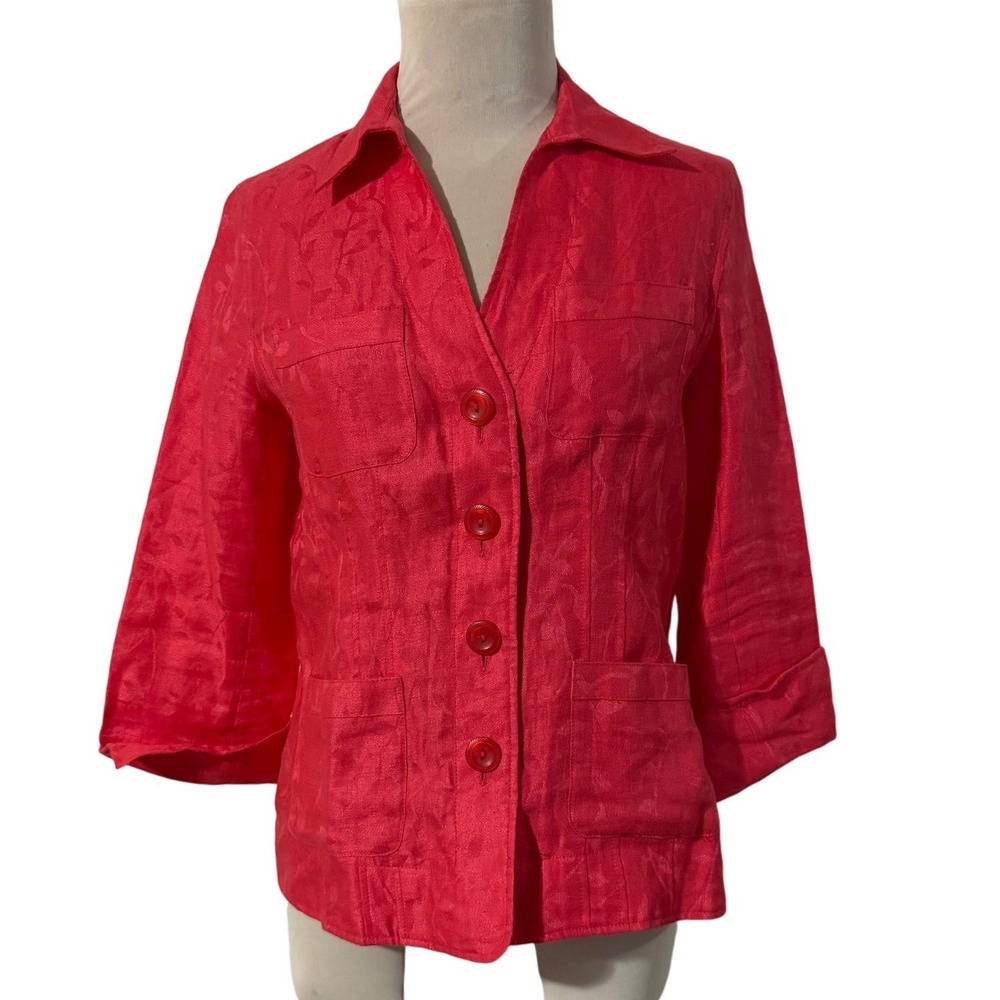 PECK & PECK Collection Women's Red 100 Linen Textured 3/4 Sleeve Blazer Size 6